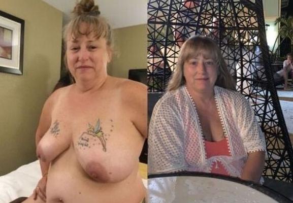 Blonde déshabillée habillée à gros seins