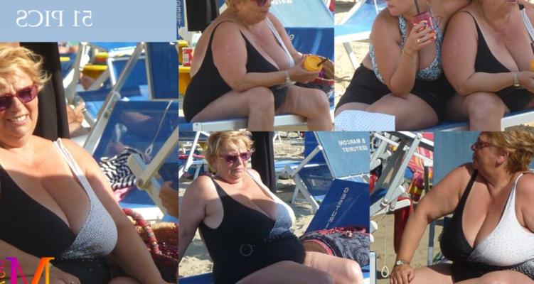 Giant tits granny on the beach