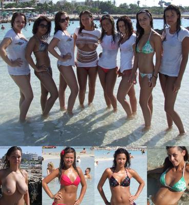 Grupo de garotas de biquíni posando na praia